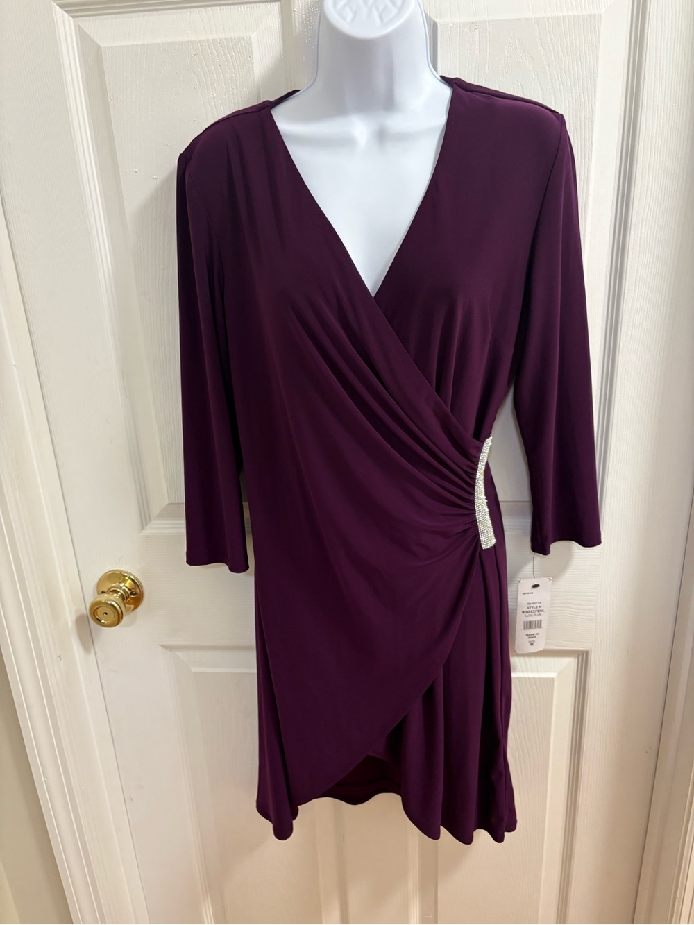 MSK plum-colored faux-wrap jersey dress featuring three-quarter sleeves co NWT